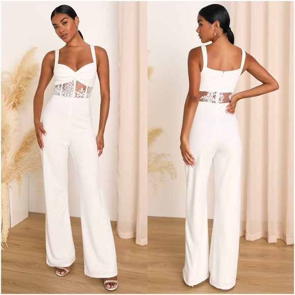 Lulus Pants - LULU’S Adore The Feeling White Sheer Lace Bustier Twist-Front Jumpsuit